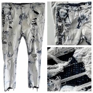 Locked & Loaded Mens Blue and White Acid Wash Jeans Raw Hem Size. 42